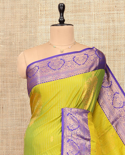Green Budget Silk Saree, Detailed with Zari Buttas and Stripes, Complemented by Contrast Traditional Zari Border, Pallu of Jaal Designs, and Contrast Blouse