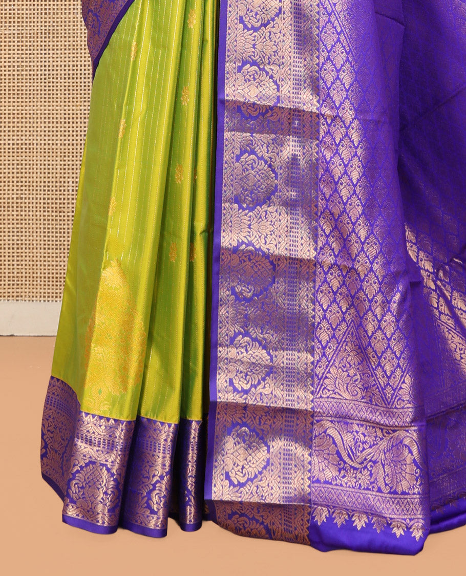 Green Budget Silk Saree, Detailed with Zari Buttas and Stripes, Complemented by Contrast Traditional Zari Border, Pallu of Jaal Designs, and Contrast Blouse