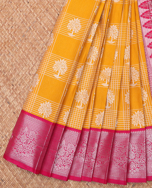 Yellow Budget Silk Saree, Beautified with Zari Butta Enclosed Checks On Its Body Complemented by Contrast Traditional Zari Designs Woven Border, Grand Pallu and Paired with a Contrast Blouse