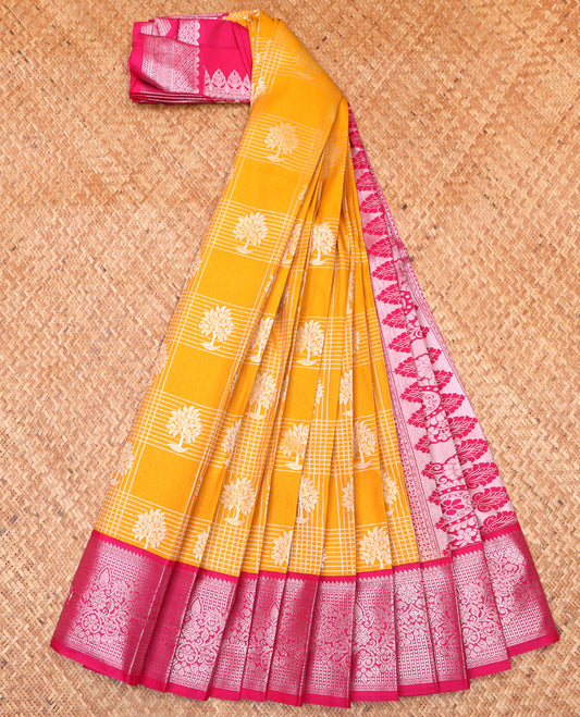 Yellow Budget Silk Saree, Beautified with Zari Butta Enclosed Checks On Its Body Complemented by Contrast Traditional Zari Designs Woven Border, Grand Pallu and Paired with a Contrast Blouse
