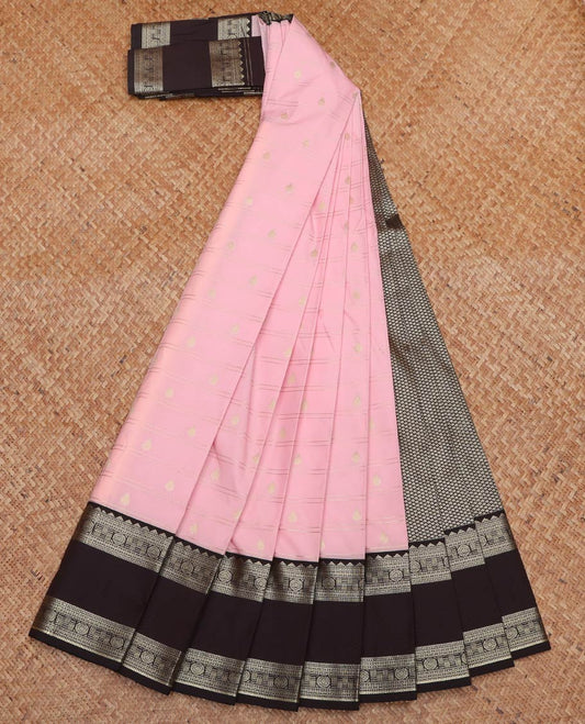 Pink Budget Silk Saree, Subtly Sparkled With Zari Buttas and Stripes All Over Its Body, Complemented by Contrast Traditional Zari Designs Woven Rettai Pettu Border, Grand Pallu and Paired with a Contrast Blouse