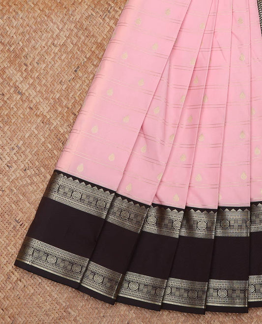 Pink Budget Silk Saree, Subtly Sparkled With Zari Buttas and Stripes All Over Its Body, Complemented by Contrast Traditional Zari Designs Woven Rettai Pettu Border, Grand Pallu and Paired with a Contrast Blouse