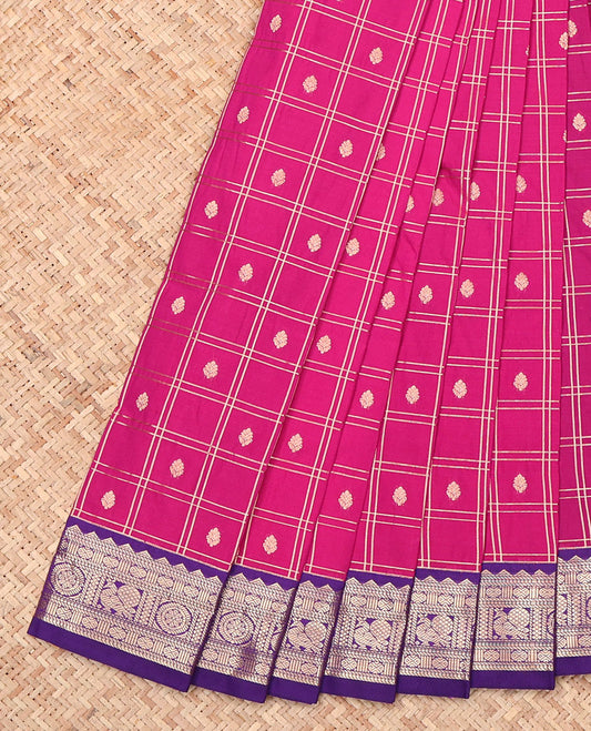 Pink Budget Silk Saree, Enriched with Zari Buttas Enclosed Checked on Its Body, Complemented by a Contrast Traditional Zari Border of Peacock-Chakram Designs, Pallu Steeped with Geometric Patterns, and Paired with a Contrast Blouse