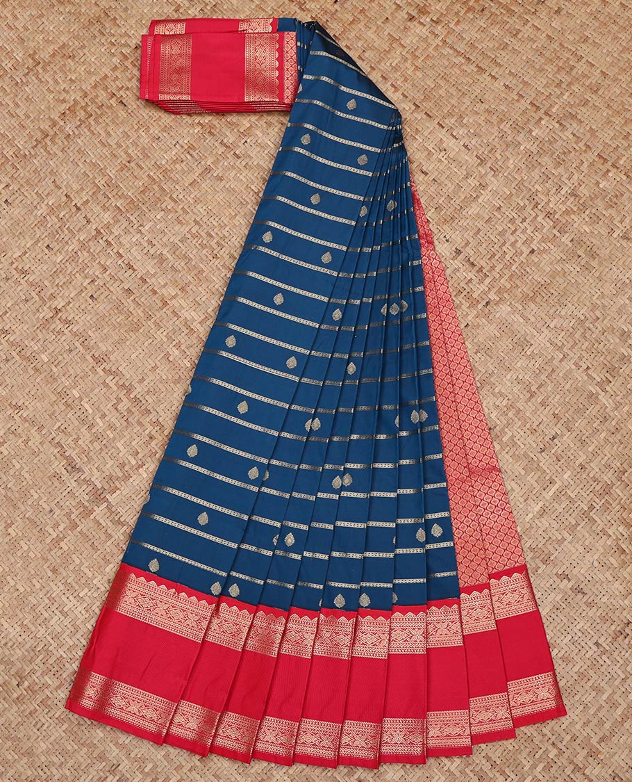 Blue Budget Silk Saree, Gracefully Embellished with Zari Buttas and Zari Stripes on Its Body, Complemented by a Contrast Traditional Zari Rettai Pettu Border, Grand Jaal Pallu, and Paired with a Contrast Blouse