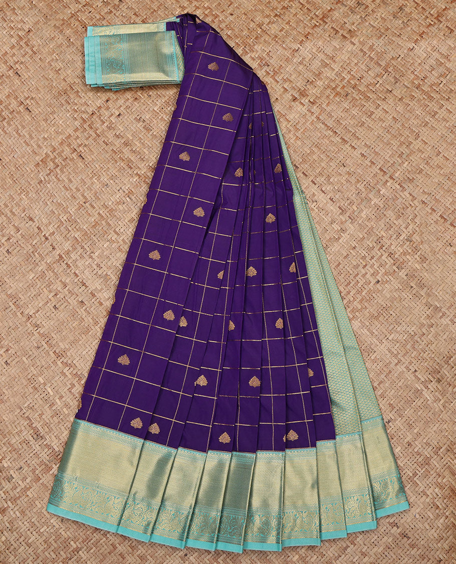 Violet Budget Silk Saree, Detailed with Zari Butta Enclosed Checks All Over Its Body, Complemented by a Contrast Traditional Zari Design Border, Grand Pallu, and Paired with a Contrast Blouse