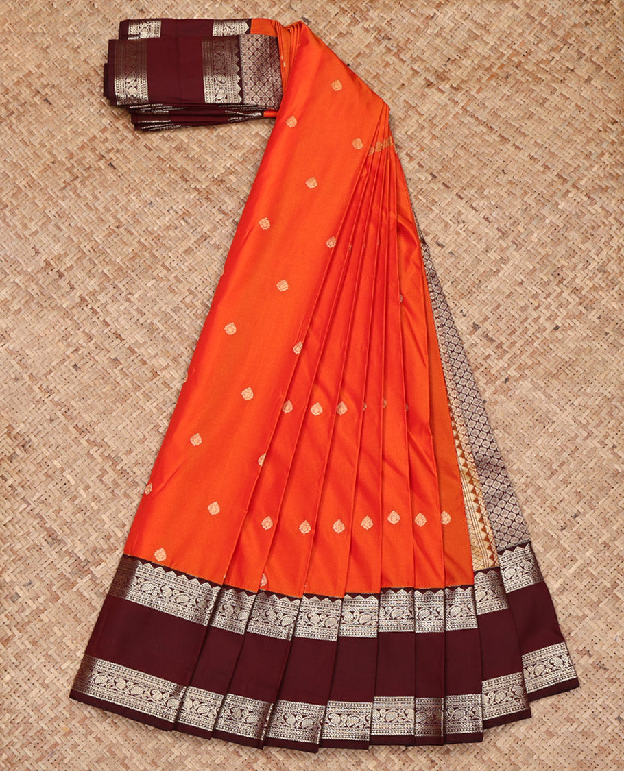Orange Budget Silk Saree, Decked Up with Zari Buttas on Its Body, Complemented by a Contrast Traditional Zari Design Rettai Pettu Border, Grand Jaal Pallu, and Paired with a Contrast Blouse