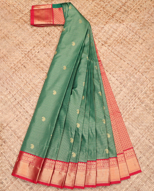 Green Budget Silk Saree, Embellished with Paisley Buttas and Checks, Captivating Contrast Traditional Zari Design Border, Grand Jaal Pallu, and a Contrast Blouse