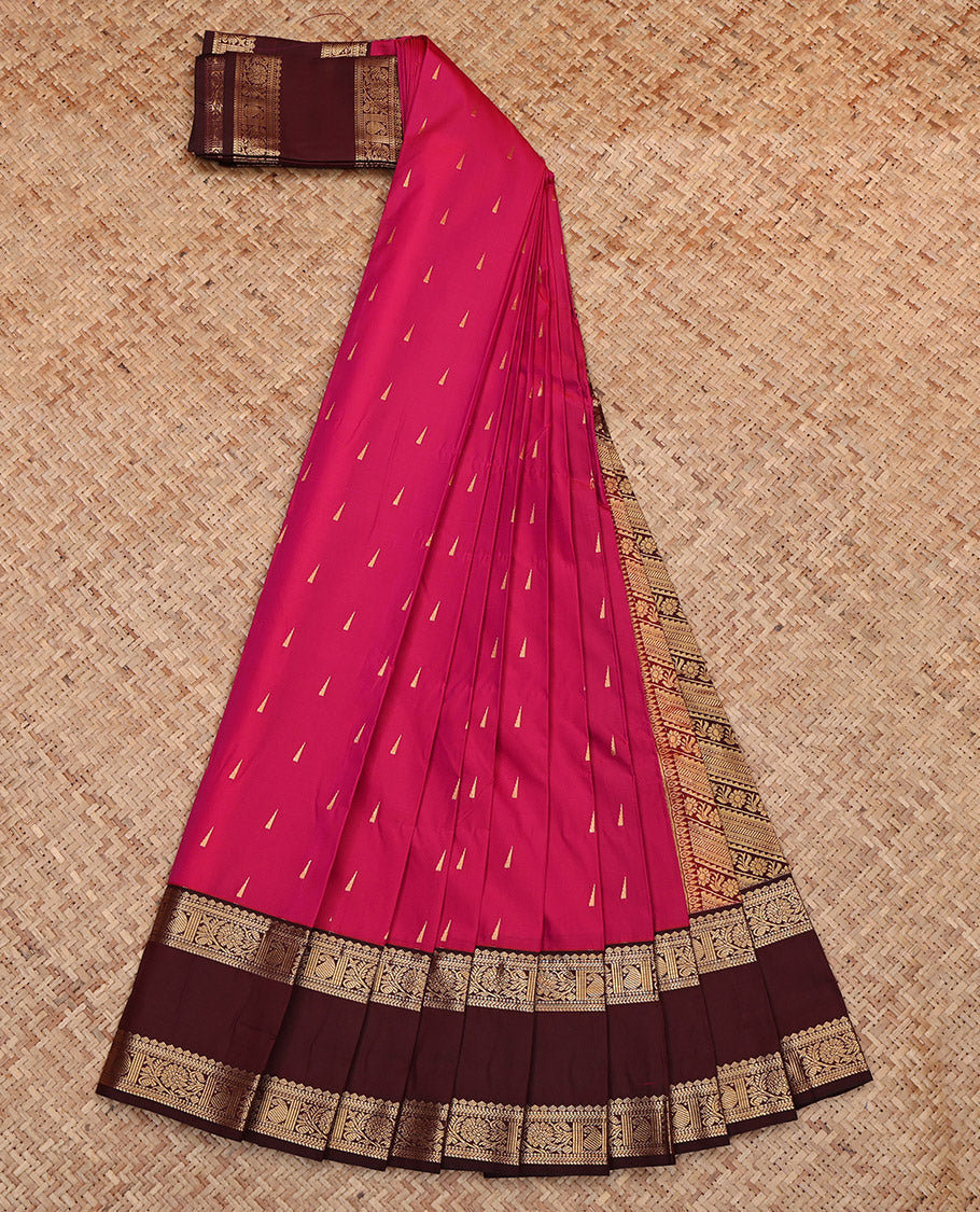 Pink Budget Silk Saree, Highlighted with Temple Buttas, Complemented by Contrast Traditional Rettai Pettu Border, Grand Pallu and a Contrast Blouse