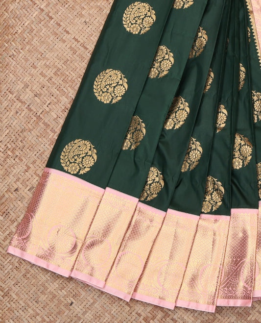 Green Budget Silk Saree, Prettified with Zari Buttas, Contrast Traditional Zari Border, Grand Pallu, and a Contrast Blouse