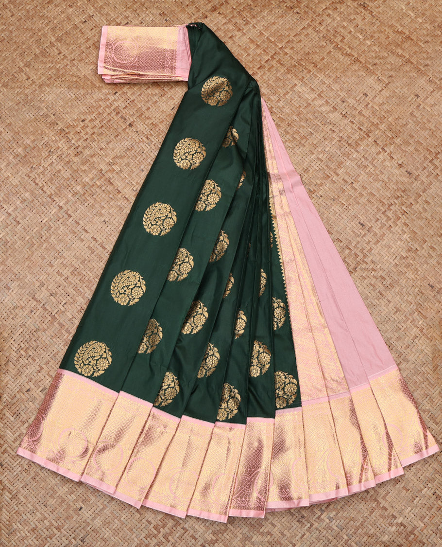 Green Budget Silk Saree, Prettified with Zari Buttas, Contrast Traditional Zari Border, Grand Pallu, and a Contrast Blouse