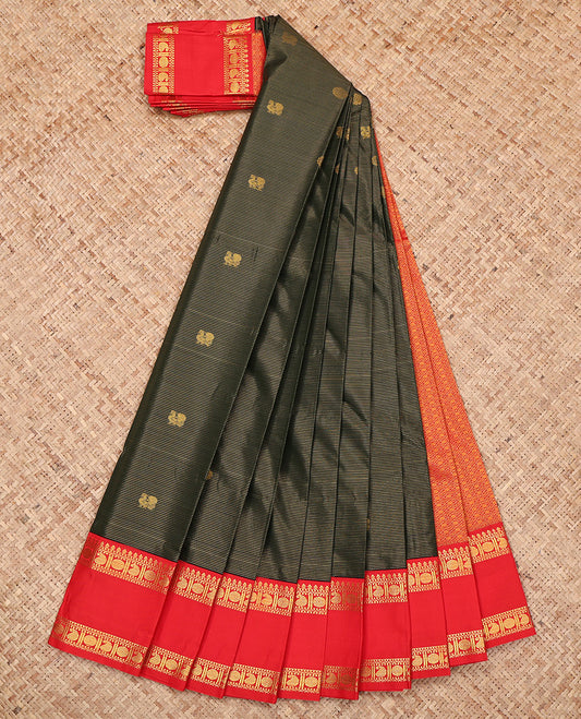 Dark Green Budget Silk Saree, Elegantly Framed with Zari Buttas and Stripes, Complemented by a Contrast Traditional Rettai Pettu Border, Grand Pallu, and a Contrast Blouse