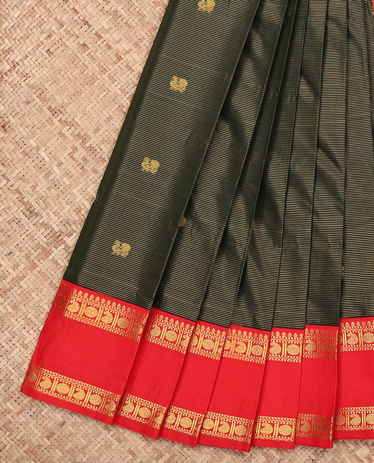 Dark Green Budget Silk Saree, Elegantly Framed with Zari Buttas and Stripes, Complemented by a Contrast Traditional Rettai Pettu Border, Grand Pallu, and a Contrast Blouse