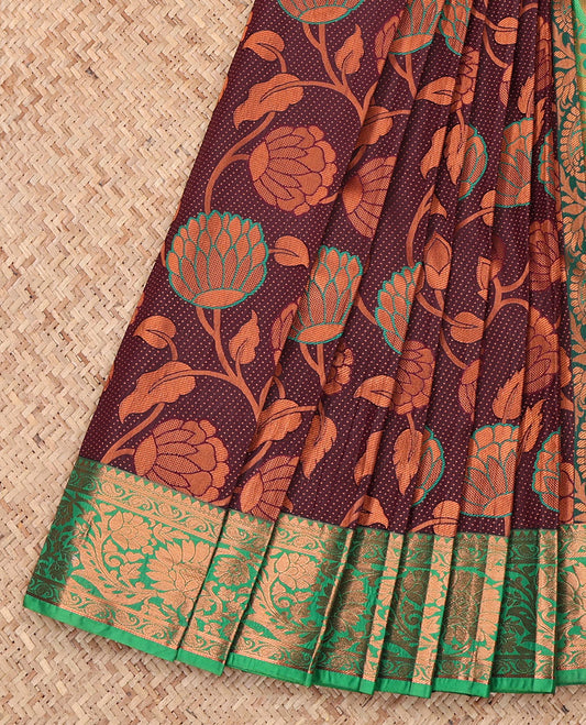 Brown Budget Silk Saree, Beautified with Jacquard Design, Complemented by a Contrast Floral Creeper Zari Border, Grand Pallu, and Contrast Blouse