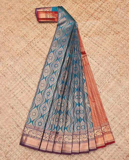 Peacock Blue Budget Silk Saree, Beautified with Ogee Jacquard Design, Complemented by a Contrast Traditional Zari Border, Grand Pallu, and a Contrast Blouse