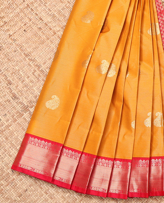 Orange Budget Silk Saree, Subtly Sparkled with Zari Buttas and Stripes, Complemented by Contrast Traditional Zari Border, Grand Pallu, and a Contrast Blouse