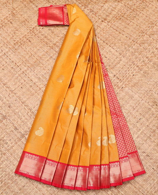 Orange Budget Silk Saree, Subtly Sparkled with Zari Buttas and Stripes, Complemented by Contrast Traditional Zari Border, Grand Pallu, and a Contrast Blouse
