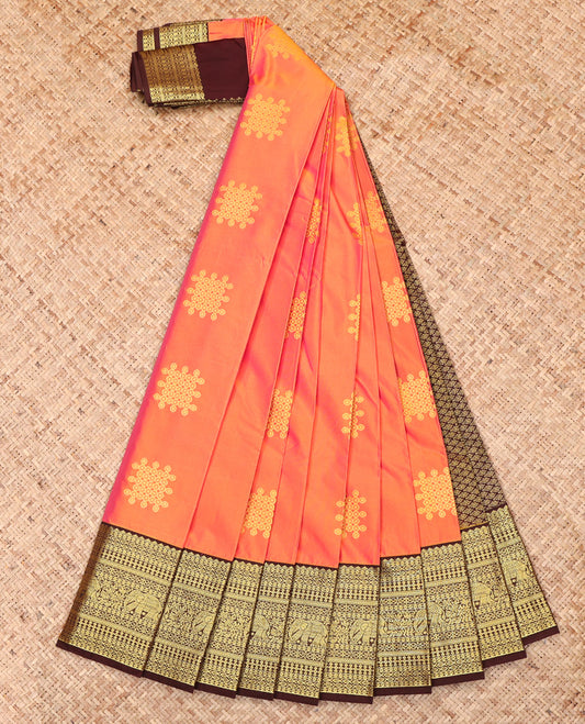 Orange Budget Silk Saree, Elevated with Kolam Buttas, Complemented by a Contrast Traditional Zari Border, Grand Pallu, and a Contrast Blouse