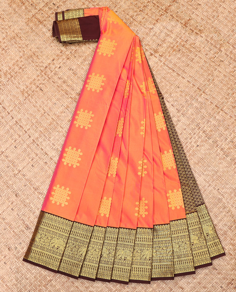 Orange Budget Silk Saree, Elevated with Kolam Buttas, Complemented by a Contrast Traditional Zari Border, Grand Pallu, and a Contrast Blouse