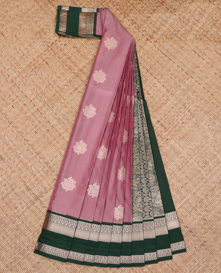 Pink Budget Silk Saree, Detailed with Zari Buttas, Complemented by a Contrast Traditional Zari Rettai Pettu Border, Grand Pallu, and a Contrast Blouse