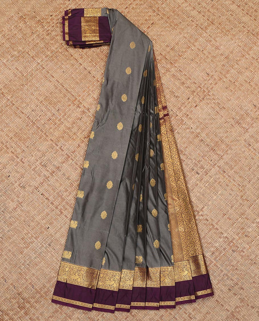 Grey Budget Silk Saree, Gleamed Up with Peacock-Floral Buttas, a Contrast Traditional Zari Rettai Pettu Border, a Jaal Pallu and a Contrast Blouse