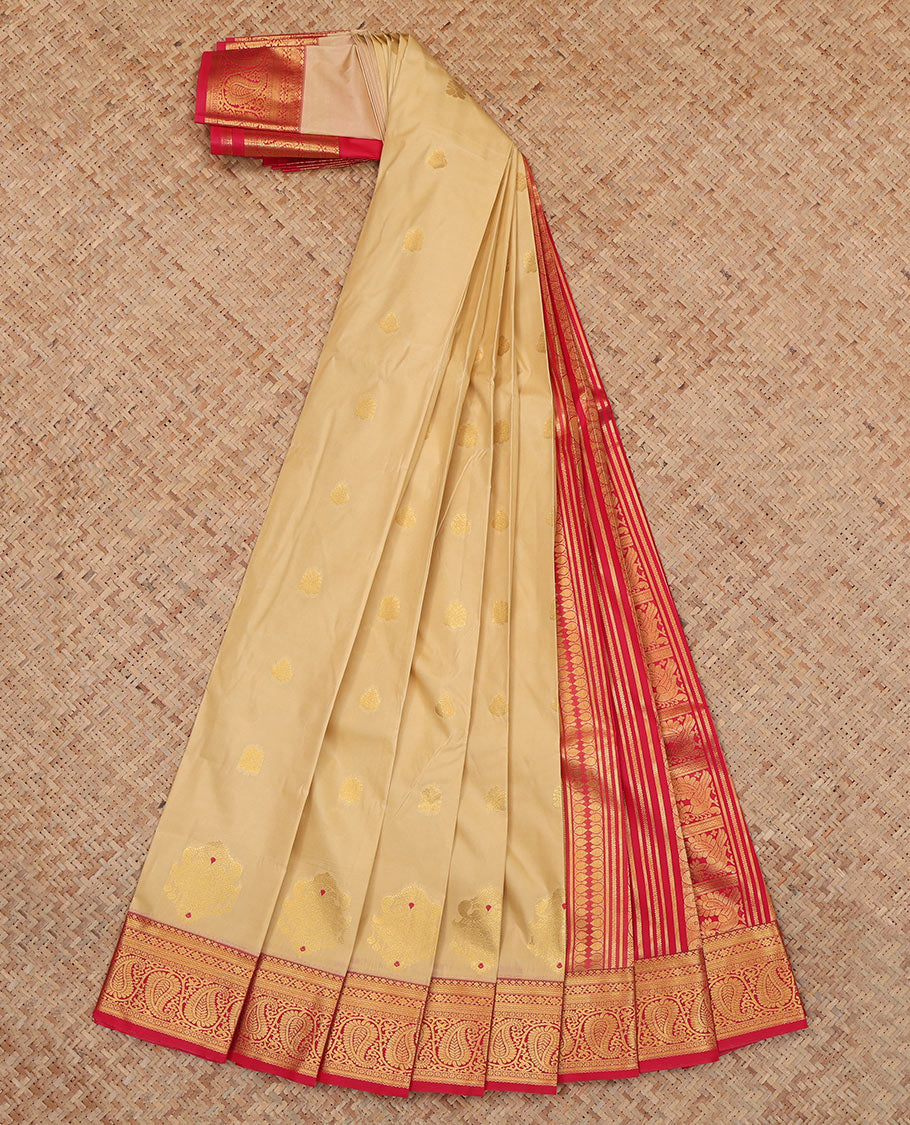 Sandal Budget Silk Saree, Spotlighted with Zari Buttas, Complemented by Contrast Traditional Zari Border, a Grand Pallu and a Contrast Blouse