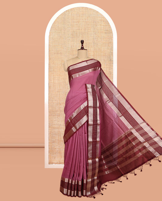 Rosewood Pink Plain Assam Silk Saree, Complemented by Contrast Traditional Zari Border,  Zari Woven Pallu, and Contrast Blouse