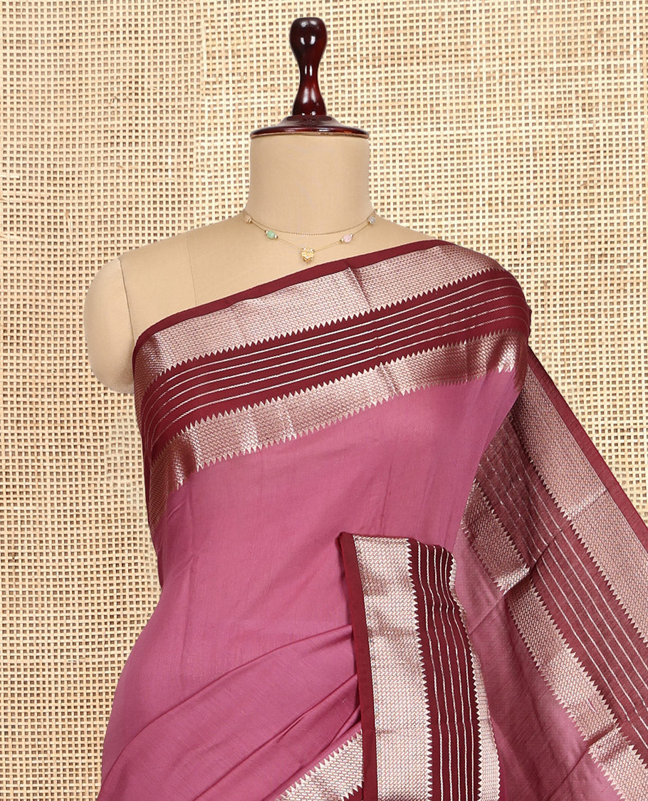 Rosewood Pink Plain Assam Silk Saree, Complemented by Contrast Traditional Zari Border,  Zari Woven Pallu, and Contrast Blouse