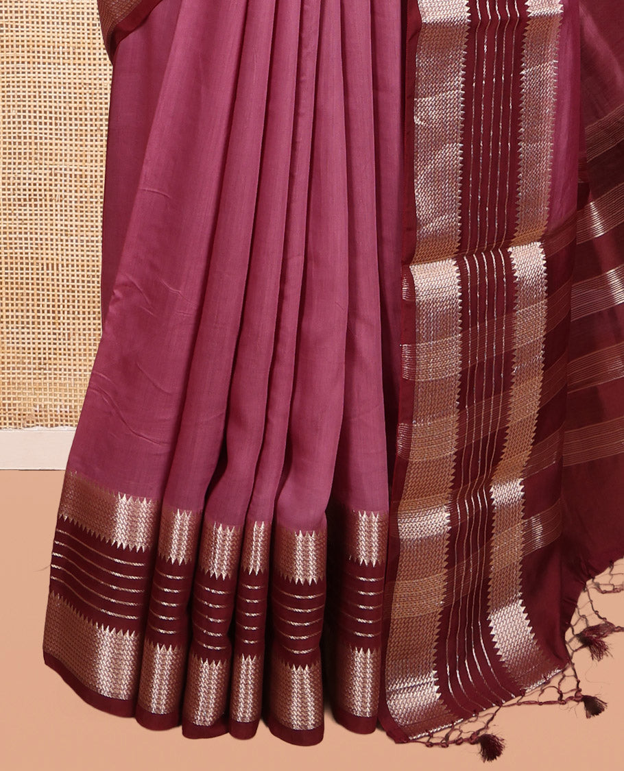 Rosewood Pink Plain Assam Silk Saree, Complemented by Contrast Traditional Zari Border,  Zari Woven Pallu, and Contrast Blouse