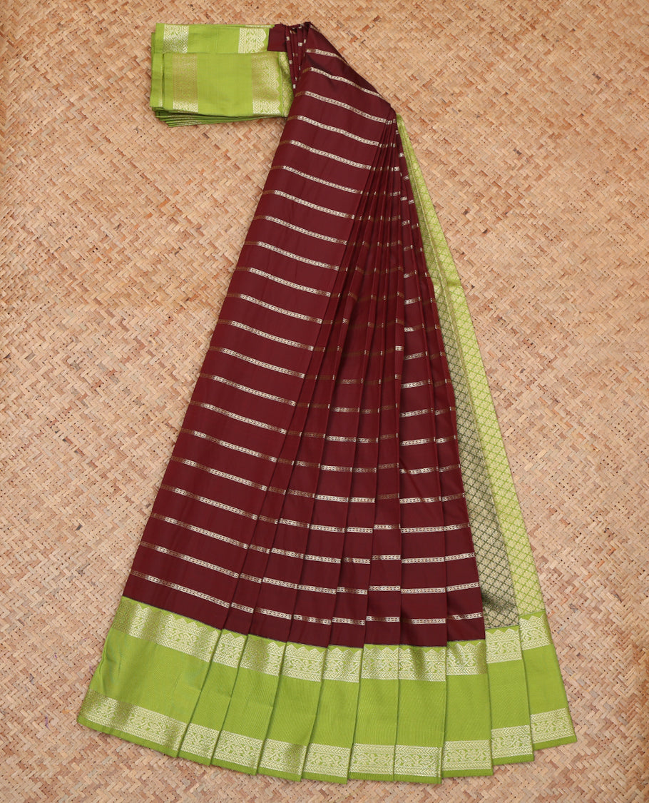 Maroon Budget Silk Saree, Bedecked with Neli Stripes, a Contrast Traditional Zari Rettai Pettu Border, Jaal Pallu, and a Contrast Blouse