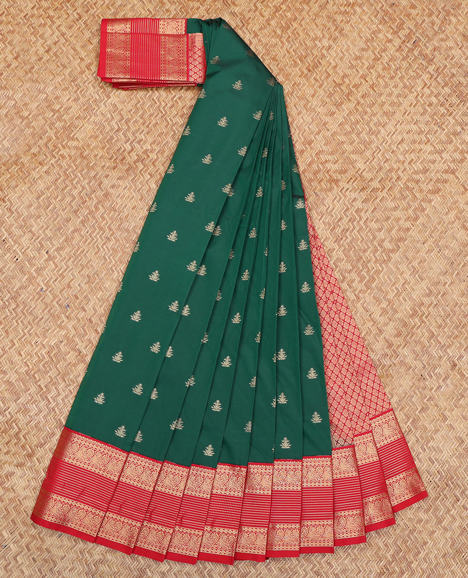 Green Budget Silk Saree, Beautifully Bedecked with Zari Buttas, a Contrast Traditional Zari Border, Grand Pallu, and a Contrast Blouse