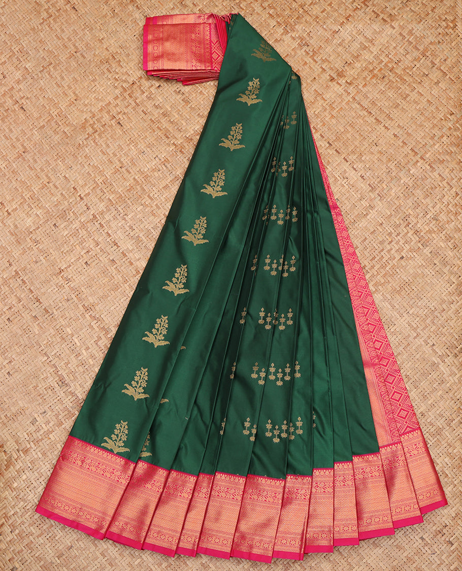 Green Budget Silk Saree, Embellished with Zari Buttas, a Contrast Traditional Zari Border, Jaal Pallu, and a Contrast Blouse