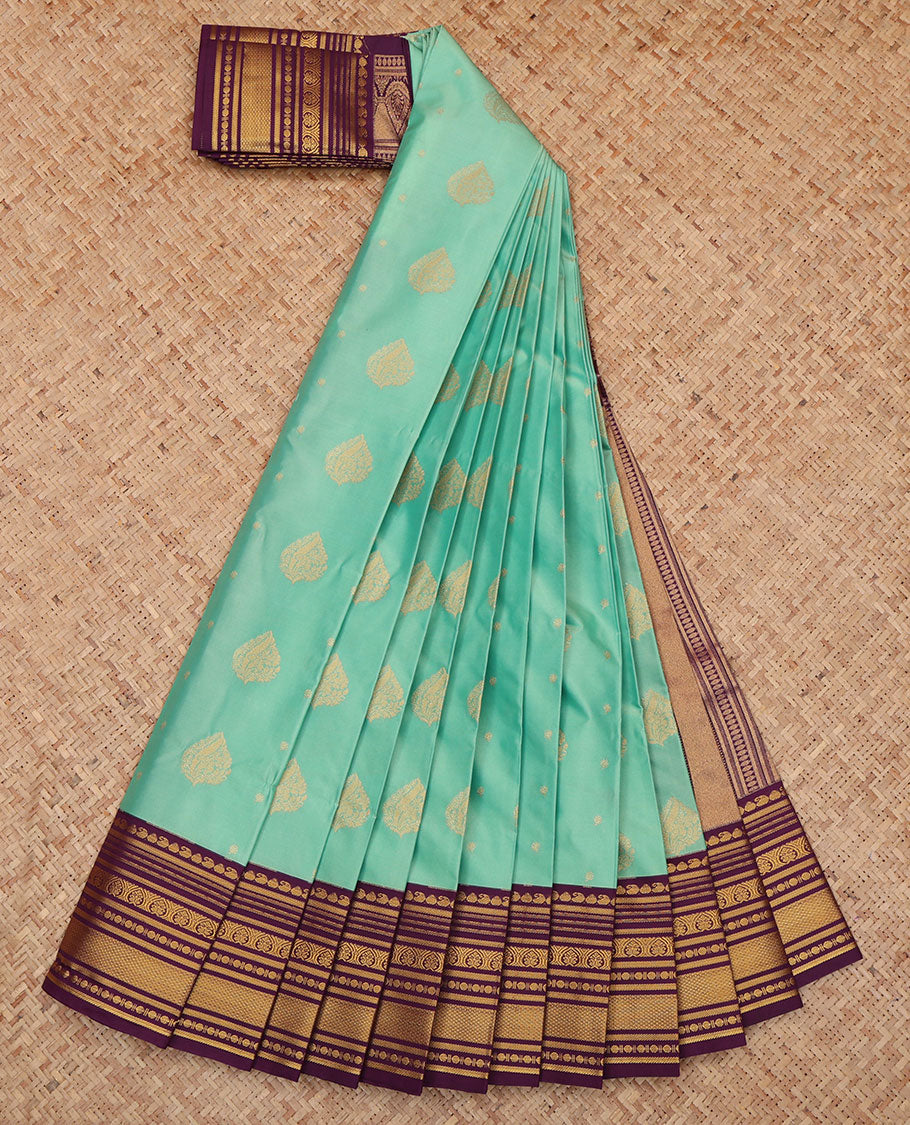 Turquoise Budget Silk Saree, Sparsely Threaded with Zari Buttas, a Contrast Traditional Zari Border, Grand Pallu, and a Contrast Blouse