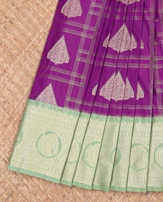 Purple zari buttas and zari checked gift saree, contrast traditional zari border, and intricate pallu
