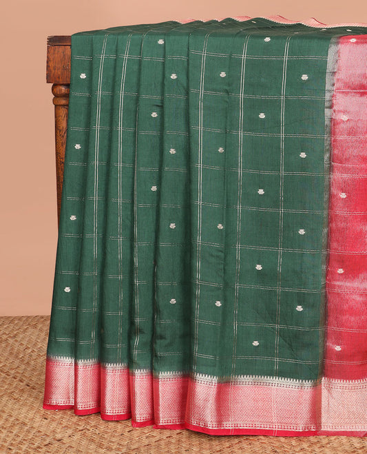 Green buttas enclosed checked assam silk saree, contrast traditional zari border, and pallu of zari design