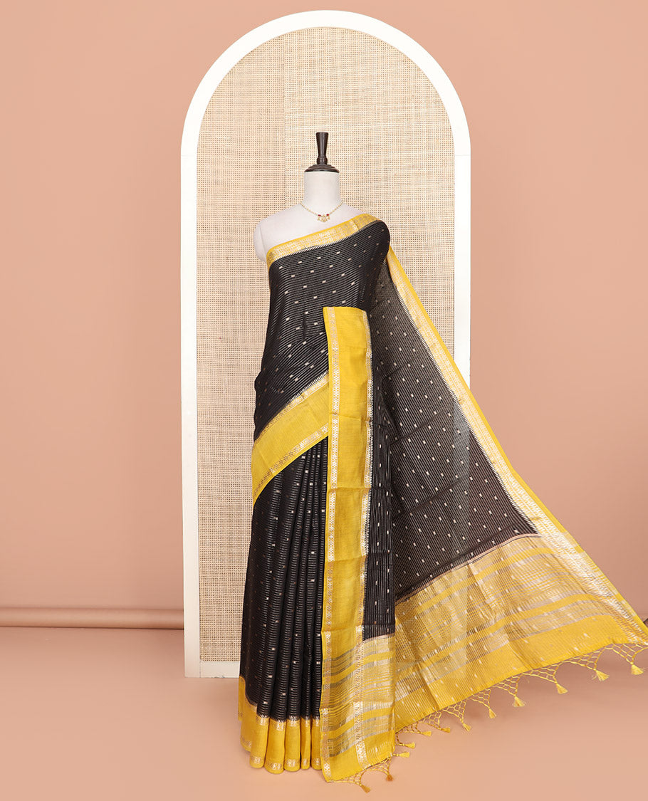 Black zari buttas and striped Assam silk saree, contrast traditional zari design border, and zari design pallu