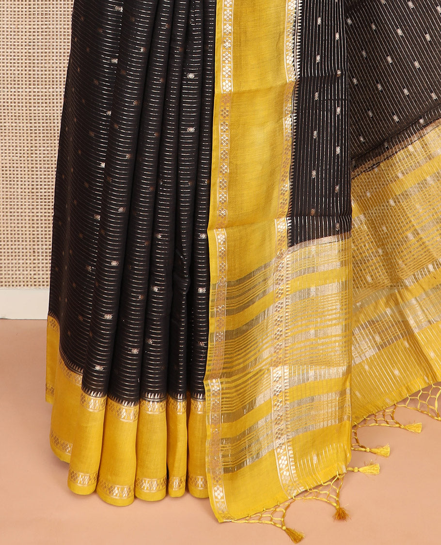 Black zari buttas and striped Assam silk saree, contrast traditional zari design border, and zari design pallu