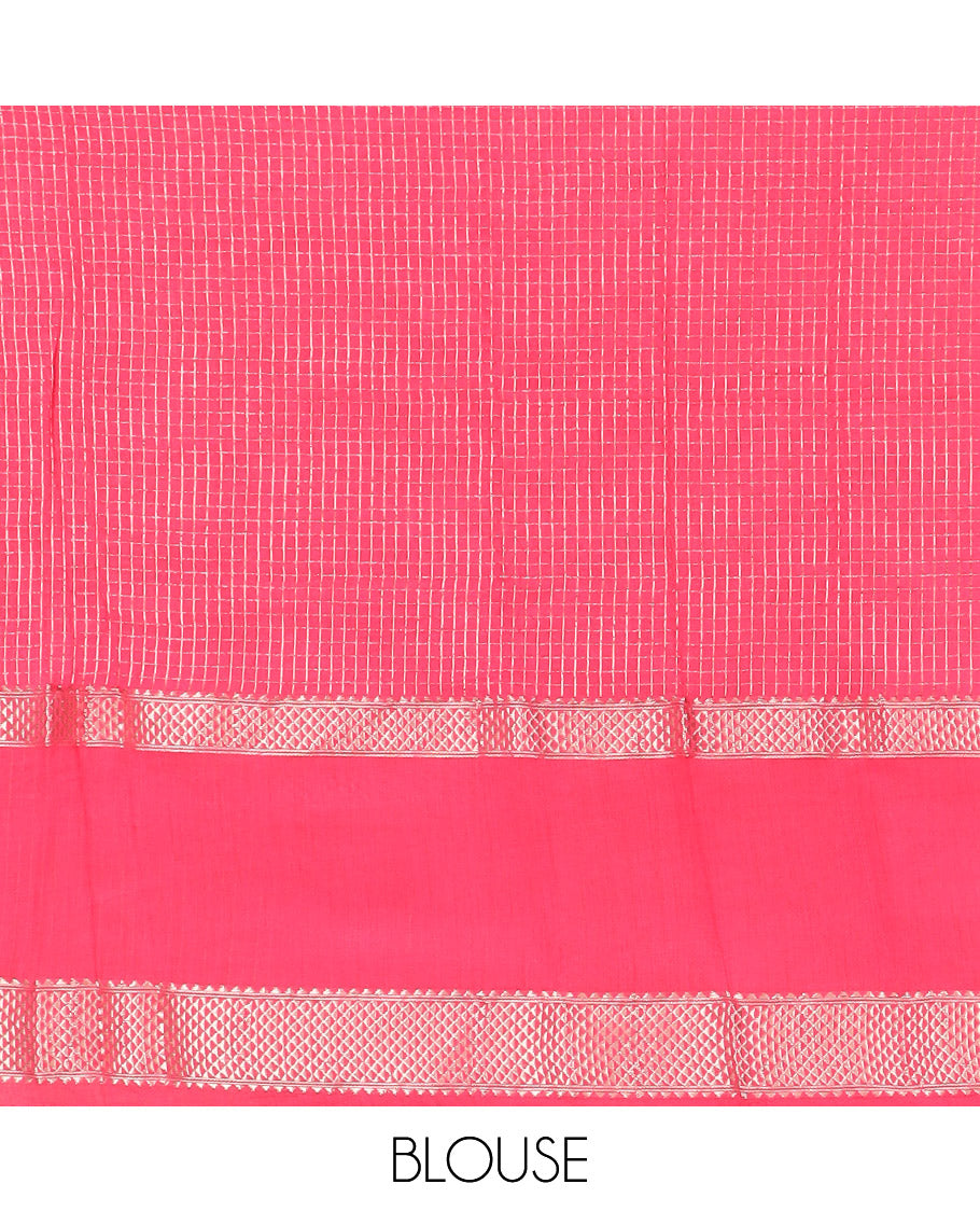 Grey Assam Silk Saree Gleamed Up with Zari Checks, Complemented by Contrast Zari Border of Triangle Motifs, a Gleaming Pallu of Zari Stripes, and Paired with a Contrast Blouse