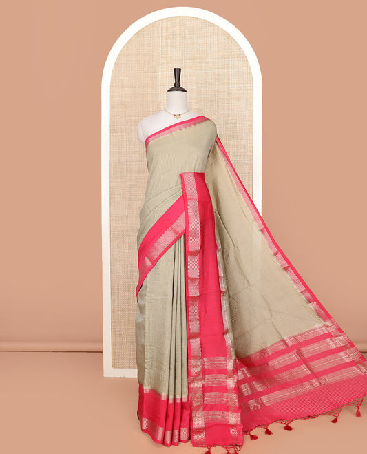 Grey Assam Silk Saree Gleamed Up with Zari Checks, Complemented by Contrast Zari Border of Triangle Motifs, a Gleaming Pallu of Zari Stripes, and Paired with a Contrast Blouse
