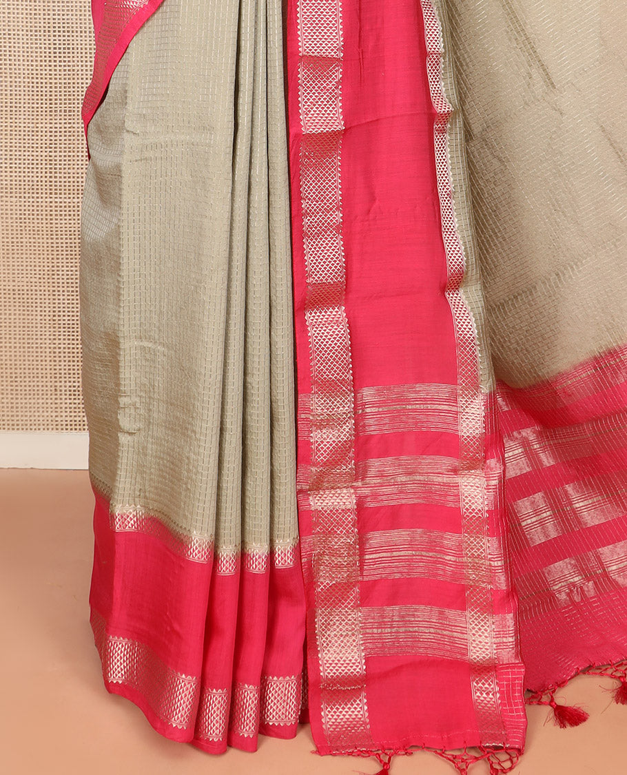 Grey Assam Silk Saree Gleamed Up with Zari Checks, Complemented by Contrast Zari Border of Triangle Motifs, a Gleaming Pallu of Zari Stripes, and Paired with a Contrast Blouse