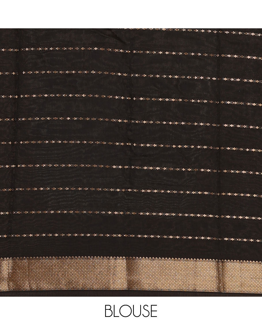 Black horizontal striped Assam cotton saree, traditional zari border, and zari striped pallu