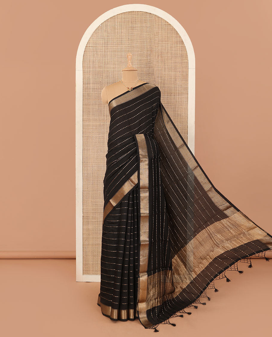 Black horizontal striped Assam cotton saree, traditional zari border, and zari striped pallu