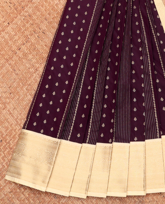 Brown Budget Silk Saree, Steeped in Richness of Zari Buttas, Complemented by a Contrast Traditional Zari Border, Sparsely Woven Pallu, and Contrast Blouse
