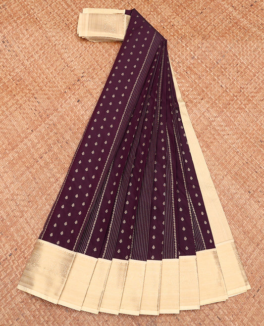 Brown Budget Silk Saree, Steeped in Richness of Zari Buttas, Complemented by a Contrast Traditional Zari Border, Sparsely Woven Pallu, and Contrast Blouse
