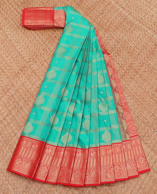Green Budget Silk Saree, Accentuated with Zari Butta Enclosed Checks, Complemented by Contrast Traditional Zari Border, Grand Pallu, and Contrast Blouse