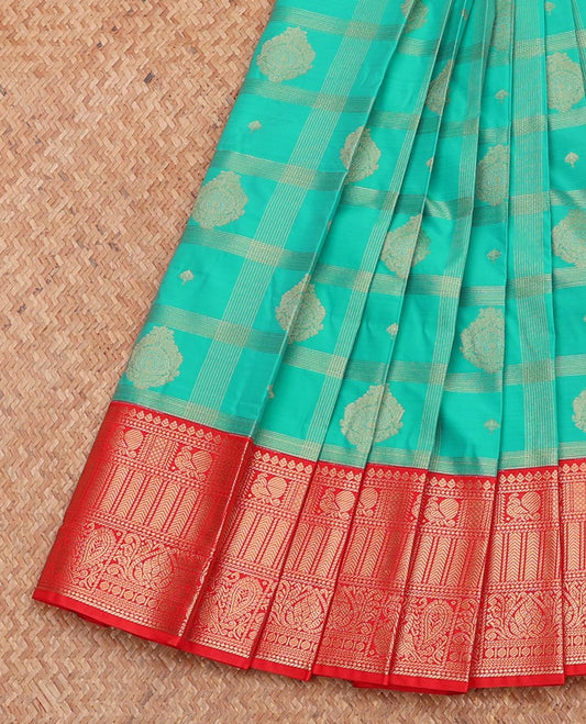 Green Budget Silk Saree, Accentuated with Zari Butta Enclosed Checks, Complemented by Contrast Traditional Zari Border, Grand Pallu, and Contrast Blouse