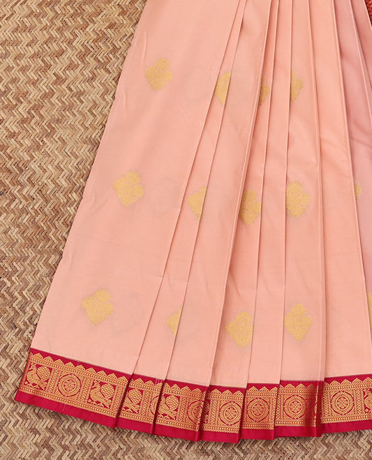 Peach Budget Silk Saree, Sparsely Woven with Zari Buttas All Over Its Body, Complemented by a Contrast Traditional Zari Border of Peacock-Chakram Designs, Grand Jaal Pallu, and Paired with a Contrast Blouse