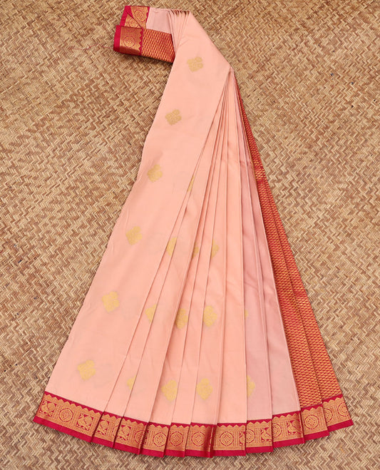 Peach Budget Silk Saree, Sparsely Woven with Zari Buttas All Over Its Body, Complemented by a Contrast Traditional Zari Border of Peacock-Chakram Designs, Grand Jaal Pallu, and Paired with a Contrast Blouse