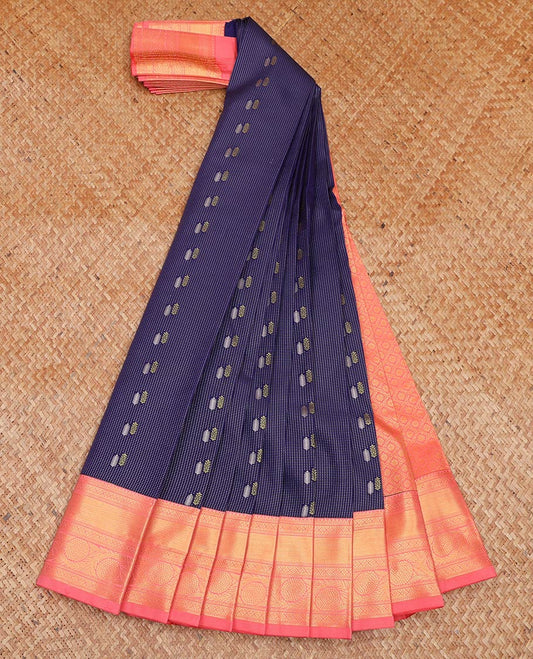 Blue Budget Silk Saree, Beautifully Bedecked with Zari Buttas All Over Its Body, Complemented by a Contrast Traditional Zari Border of Floral Creeper Designs, Grand Jaal Pallu, and Paired with a Contrast Blouse