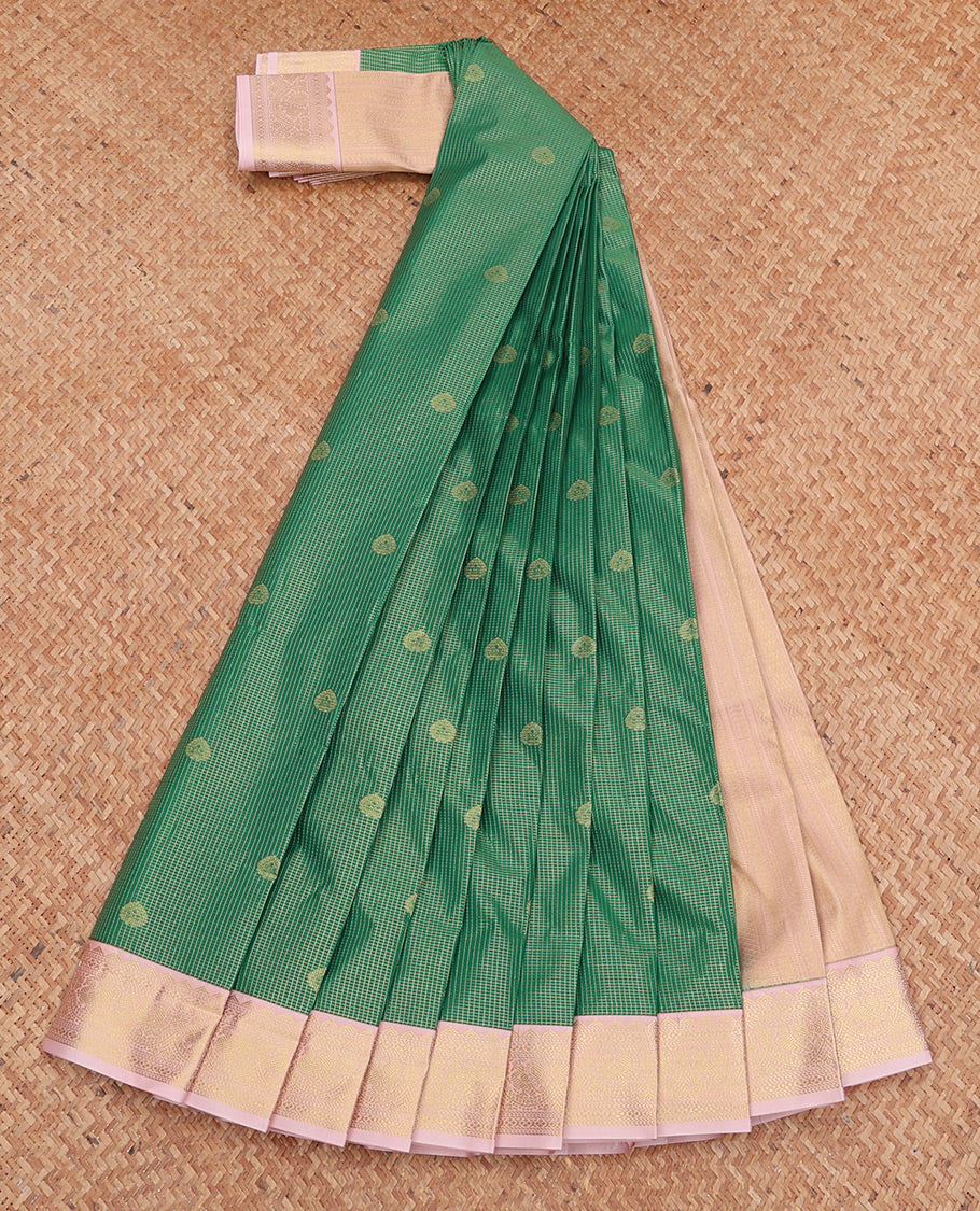 Green Budget Silk Saree, Detailed with Zari Buttas and Checks, Complemented by a Contrast Traditional Zari Border, Grand Pallu, and Contrast Blouse