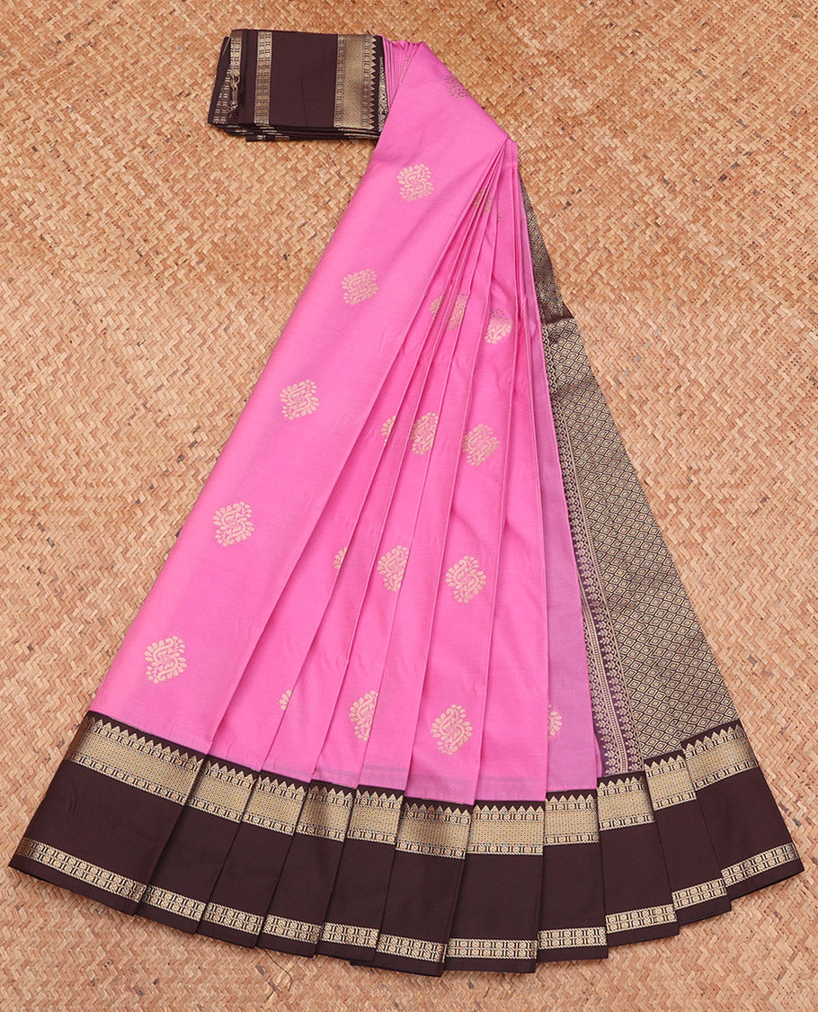 Pink Budget Silk Saree, Gracefully Embellished with Zari Buttas, Complemented by a Contrast Traditional Zari Rettai Pettu Border, Jaal Pallu, and a Contrast Blouse